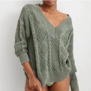 Aerie V-Neck Cable Knit Sweater
